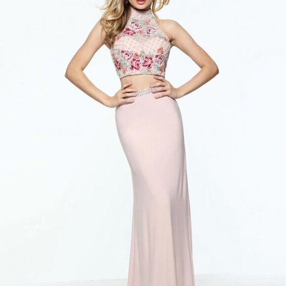 Sherri Hill Blush Pink 2 Piece Cross Stitch Embroidered Bodice - Picture 1 of 5